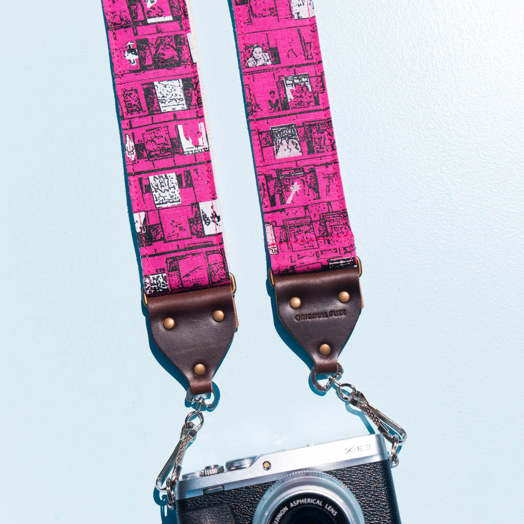 hot pink Heavy Meta album art silkscreen artist series Ron gallo vintage style camera strap by original fuzz