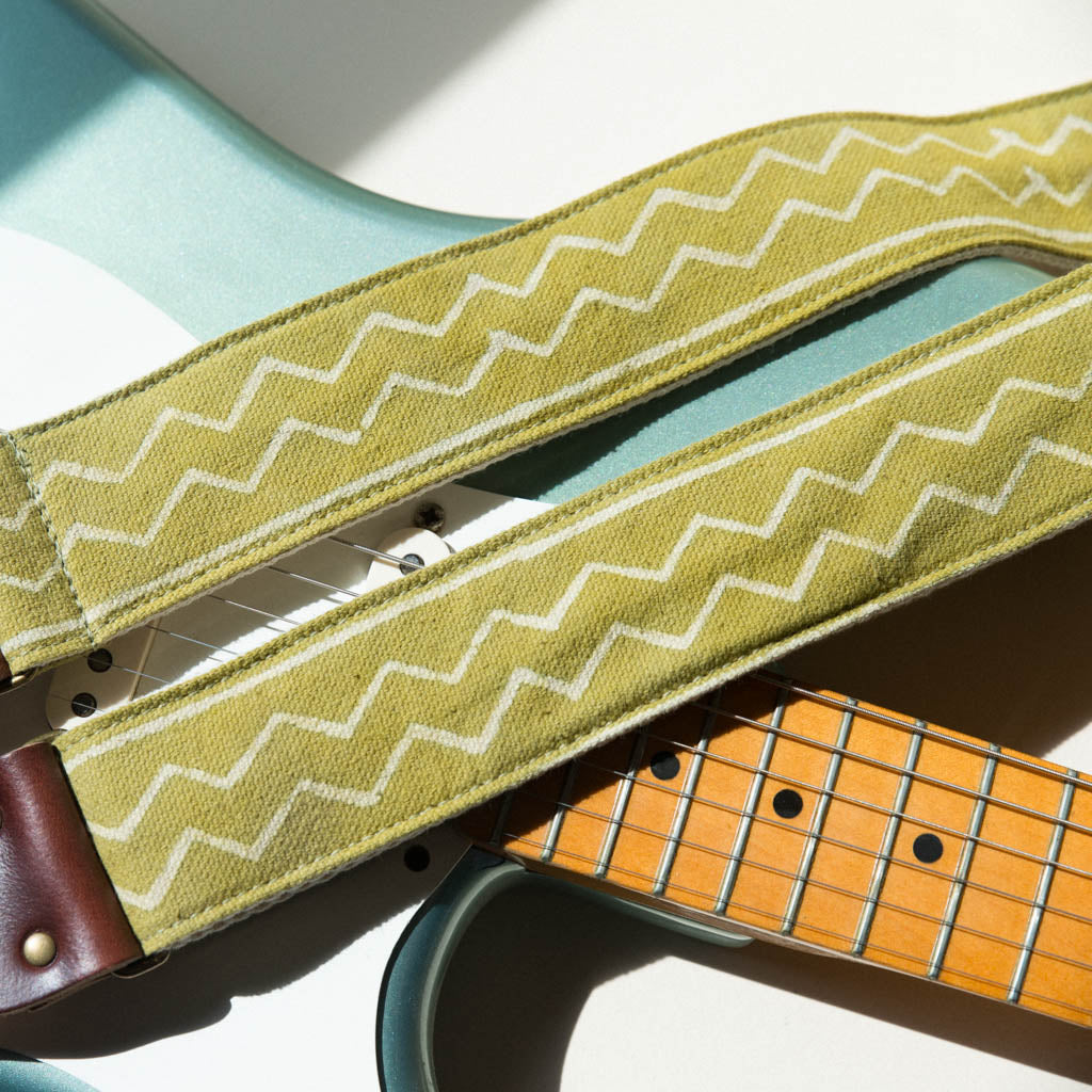 Vintage-style guitar strap made with block printed fabric from India in green by Original Fuzz.