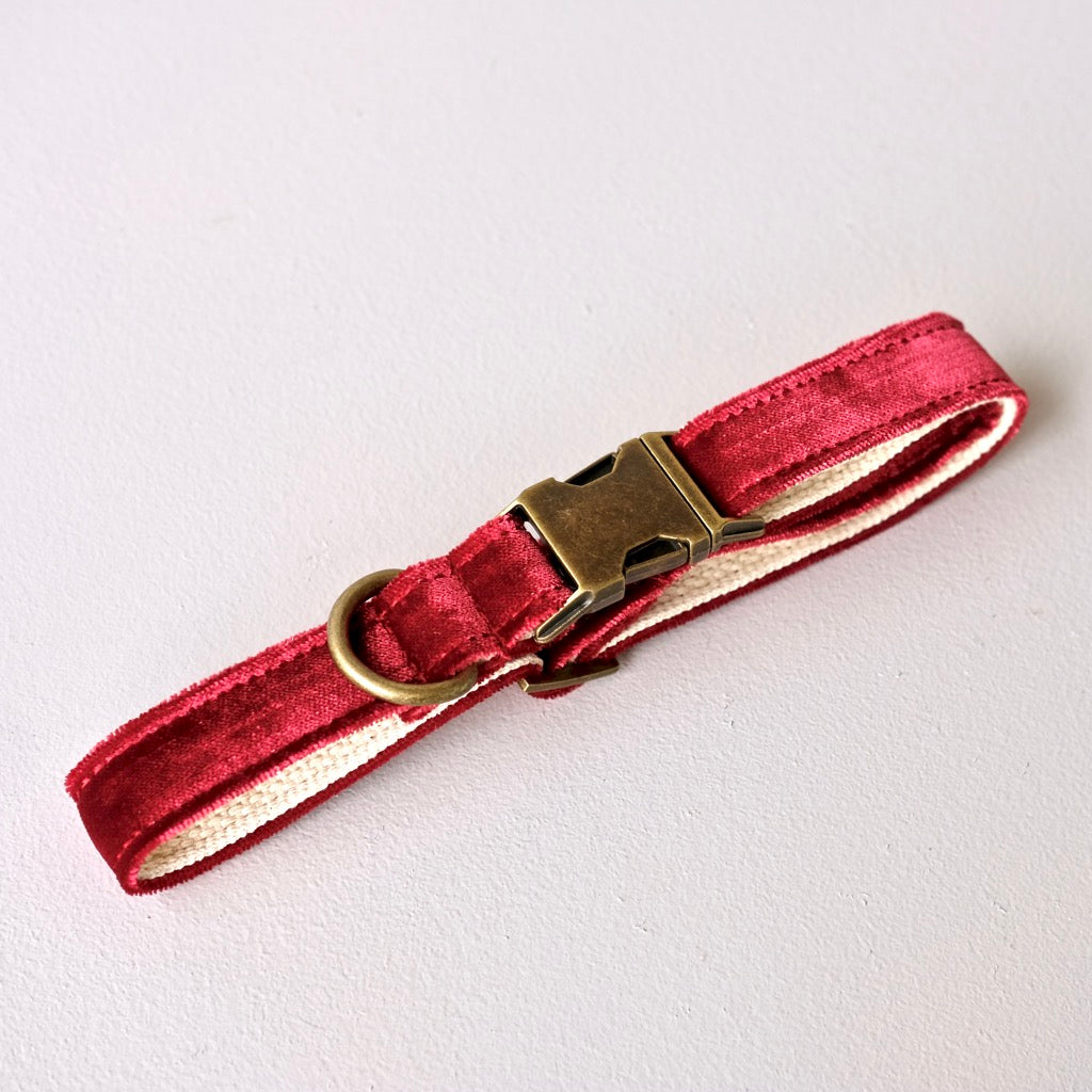 Original Fuzz burgundy velvet dog collar made in Nashville.