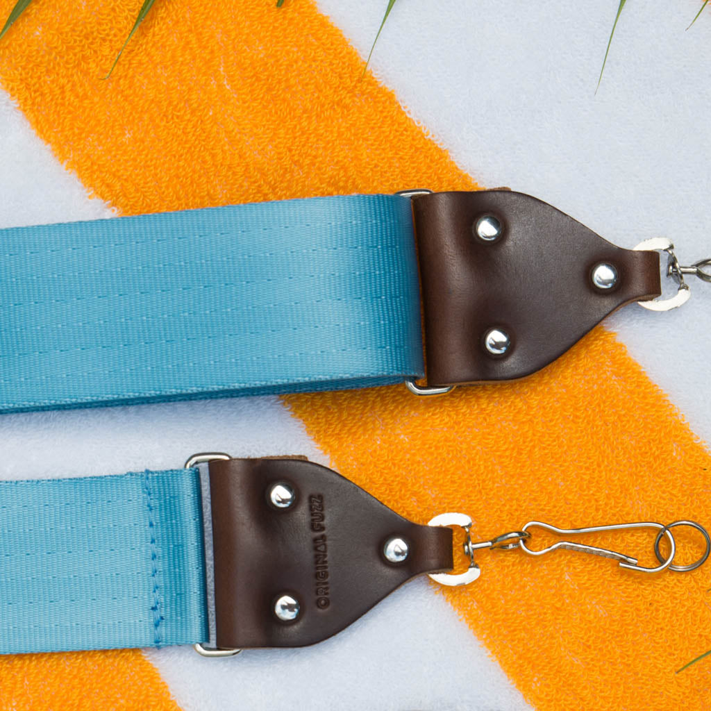 sky blue seatbelt vintage style camera strap by original fuzz