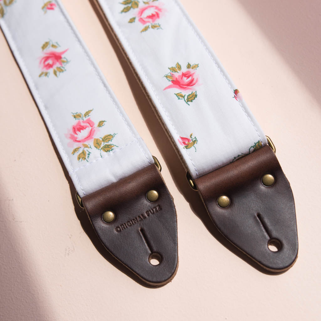 Vintage guitar strap with a rose design made by Original Fuzz in Nashville, TN.
