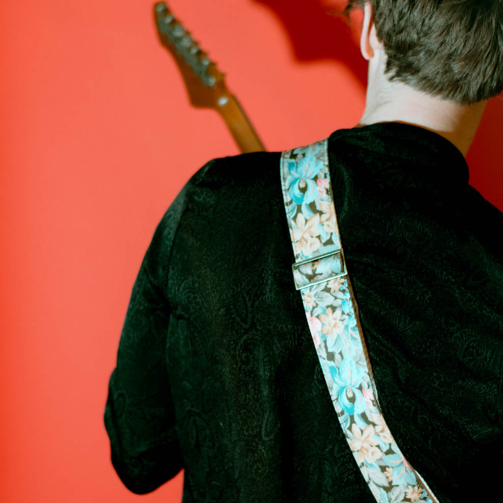 Vintage guitar strap made with a repurposed floral polyester from the 80s by Original Fuzz.