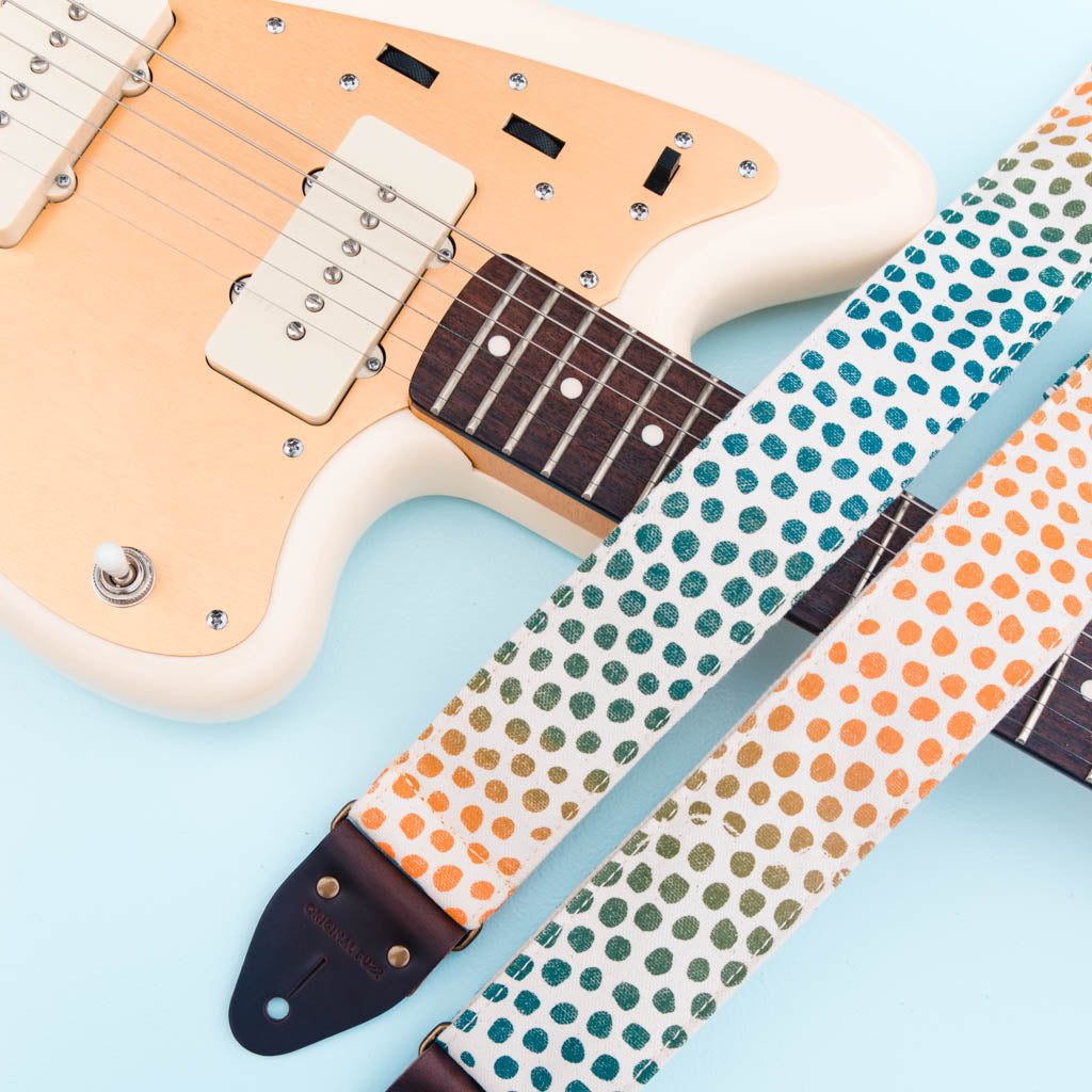 blue orange green purple polka dots silkscreen guitar strap by Original Fuzz and Grand Palace
