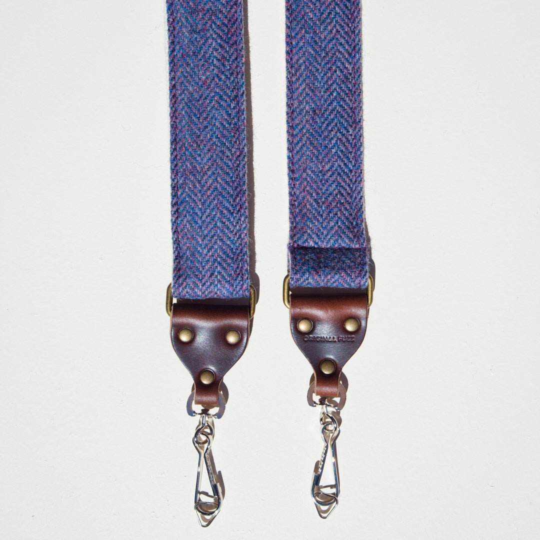 Blue wool herringbone skinny vintage-style camera strap made by Original Fuzz in Nashville.