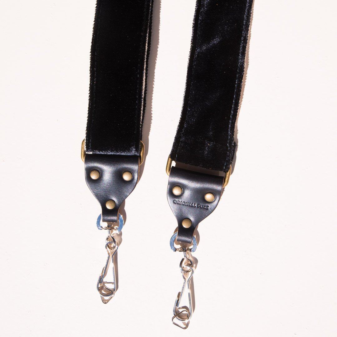 Black velvet camera strap handmade in Nashville by Original Fuzz.