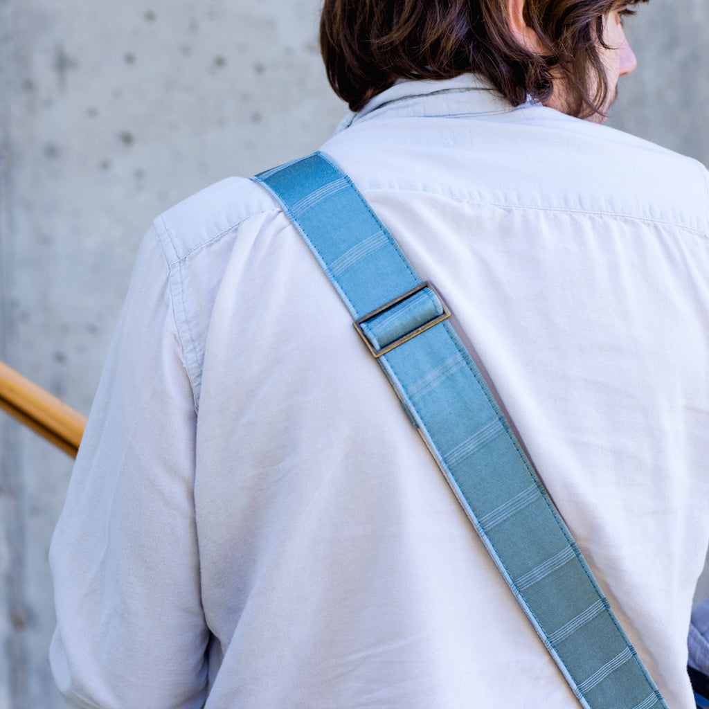 Vintage blue silk guitar strap made by Original Fuzz in Nashville, TN.
