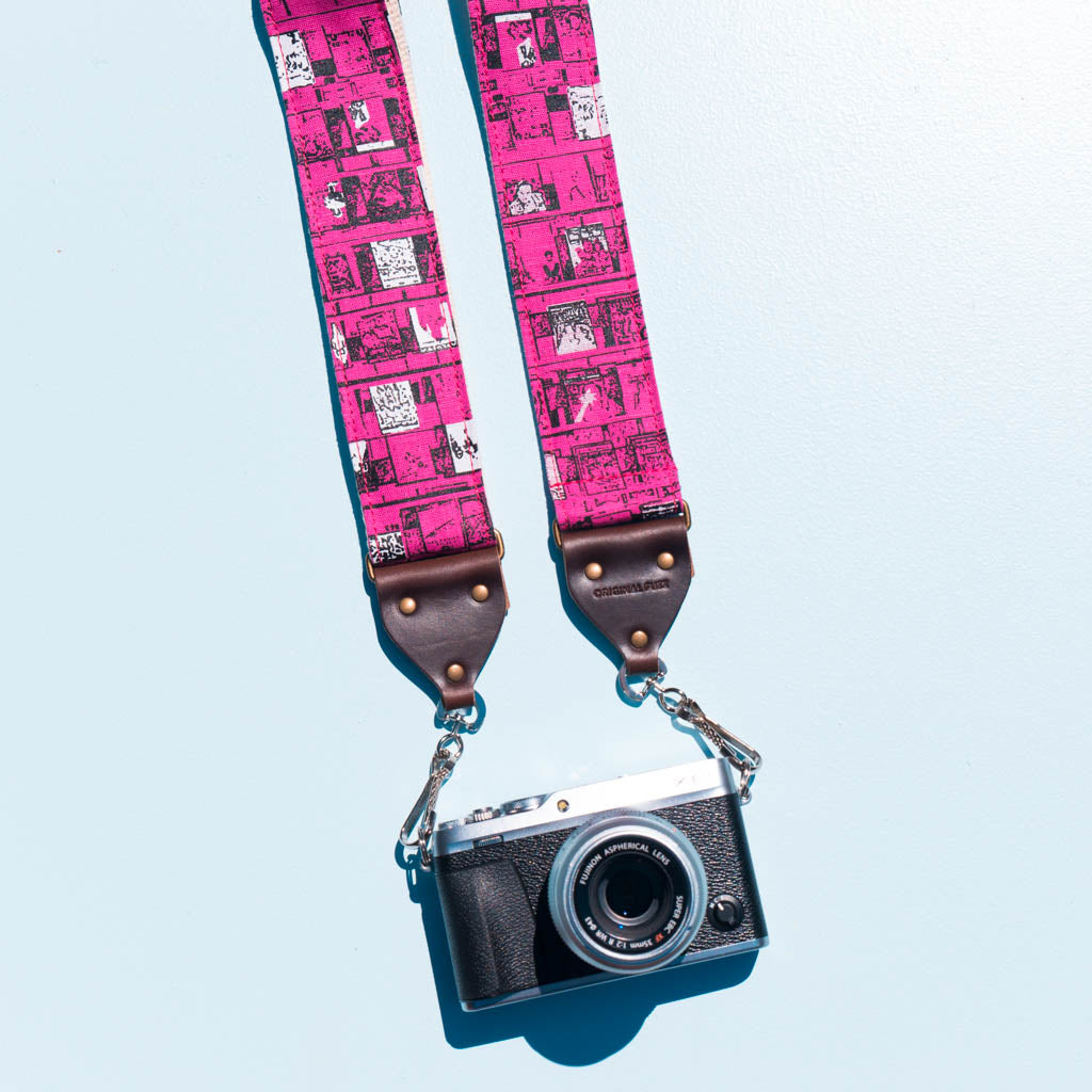 hot pink Heavy Meta album art silkscreen artist series Ron gallo vintage style camera strap by original fuzz 