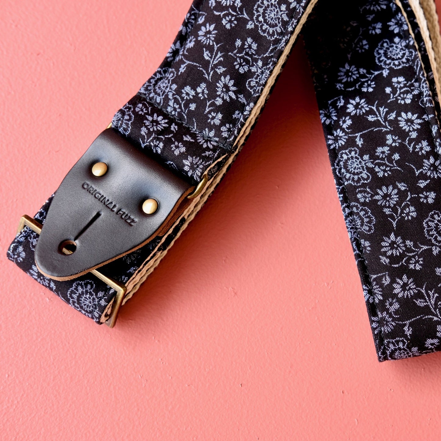 Classic black floral cotton handmade guitar strap. 