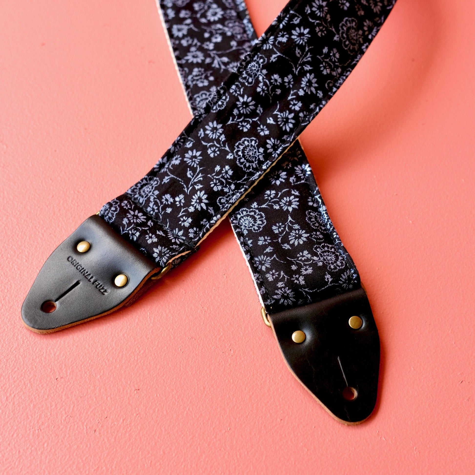 Classic black floral cotton handmade guitar strap. 