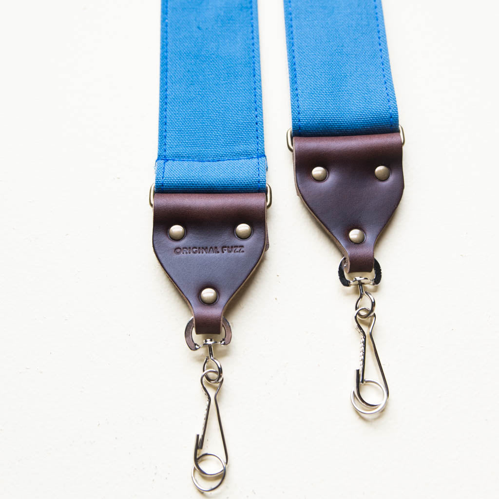 Blue vintage-style cotton canvas camera strap made by Original Fuzz in Nashville.