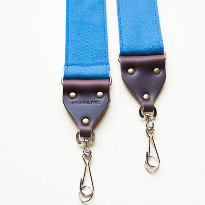 Blue vintage-style cotton canvas camera strap made by Original Fuzz in Nashville.