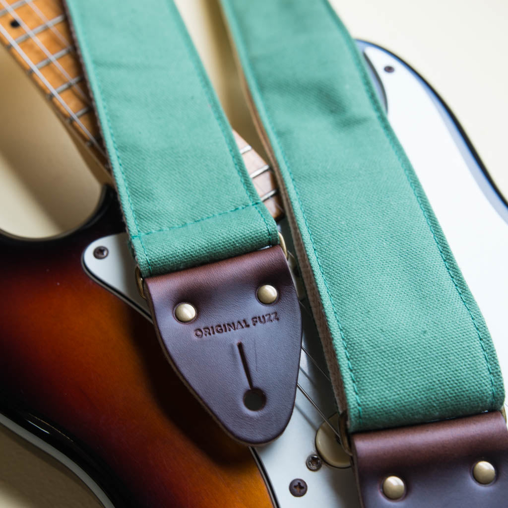 Green cotton canvas guitar strap with Fender Jazzmaster by Original Fuzz
