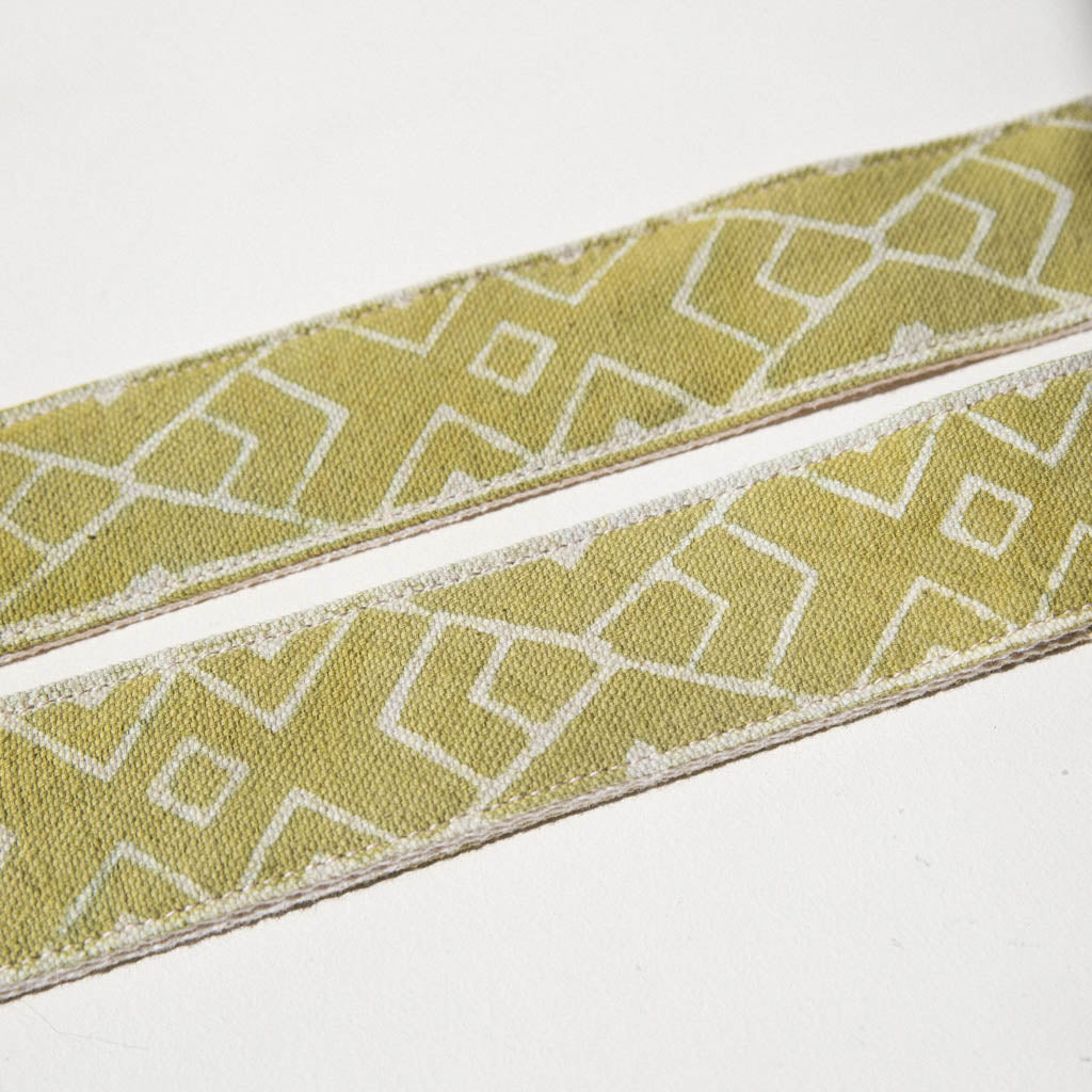 Block-printed Indian fabric in green with a traditional cream design vintage-style camera strap by Original Fuzz.