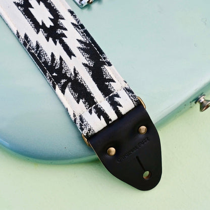 Southwestern print vintage-style guitar strap made by Original Fuzz in Nashville with block print fabric from India. 