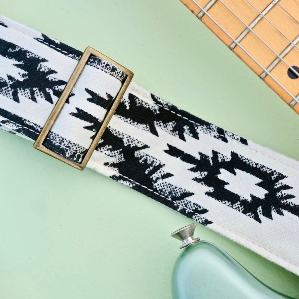 Southwestern print vintage-style guitar strap made by Original Fuzz in Nashville with block print fabric from India. 