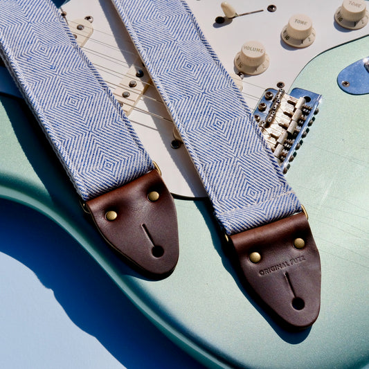 Blue and cream woven guitar strap made in Nashville using fair-trade fabric imported from India.