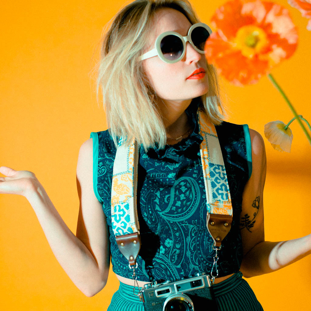 Vintage-style camera strap made with 70s polyester by Original Fuzz. 