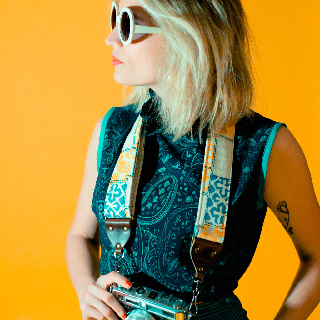 Vintage-style camera strap made with 70s polyester by Original Fuzz.