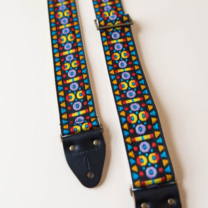 Vintage-style guitar strap made with a 60s style colorful woven jacquard by Original Fuzz.
