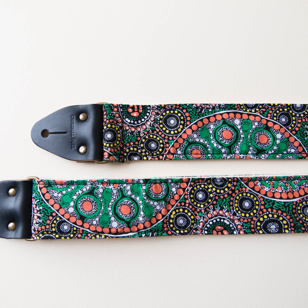 Australian aboriginal artisan designed print handmade guitar strap by Original Fuzz in Nashville.