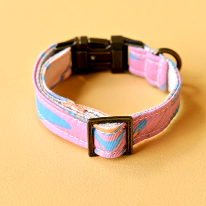 Psychedelic cotton print dog collar in pink and blue swirl made by Original Fuzz in Nashville.
