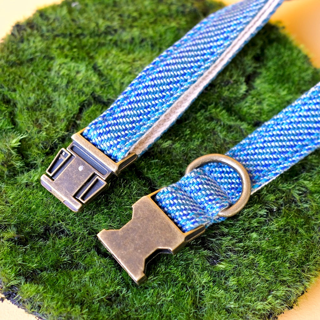 Adjustable handwoven dog collar with antique brass hardware made by Original Fuzz in Nashville, TN.