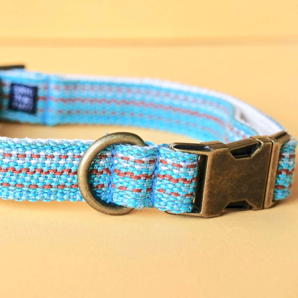 Adjustable handwoven dog collar with antique brass hardware made by Original Fuzz in Nashville, TN.
