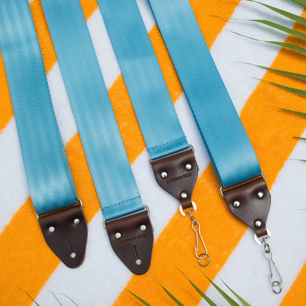 sky blue seatbelt vintage style camera strap by original fuzz 