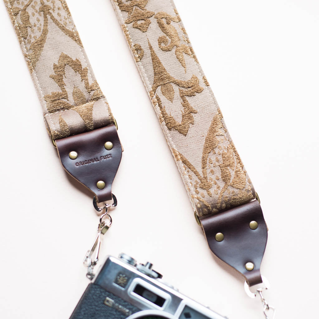 light brown embroidered vintage style camera strap by original fuzz