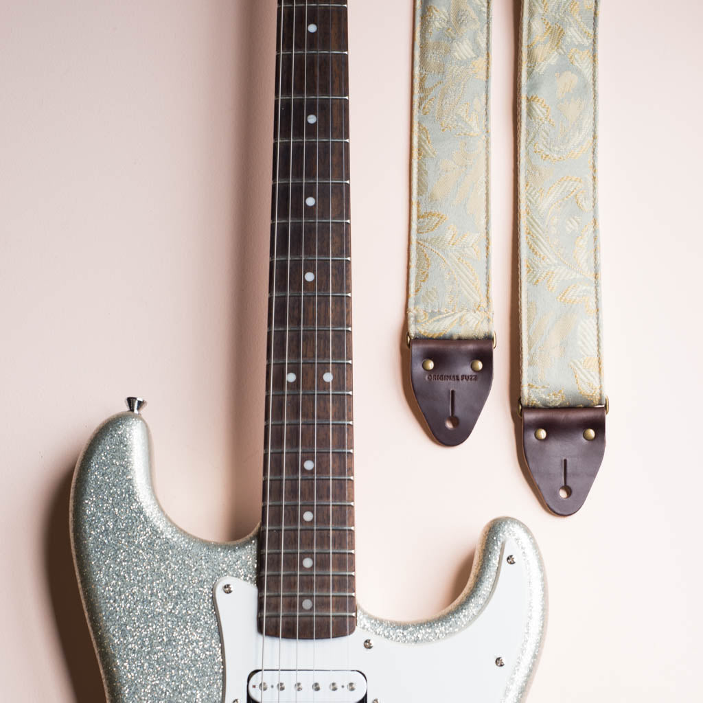 Light blue paisley embroidered vintage guitar strap by Original Fuzz. 