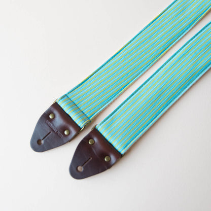 Vintage guitar strap made with 70s blue and yellow striped polyester by Original Fuzz.