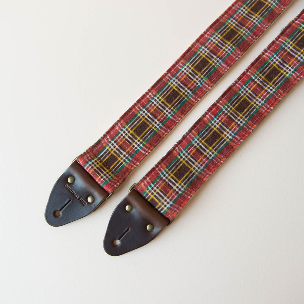 Vintage guitar strap made with repurposed red plaid flannel by Original Fuzz. 