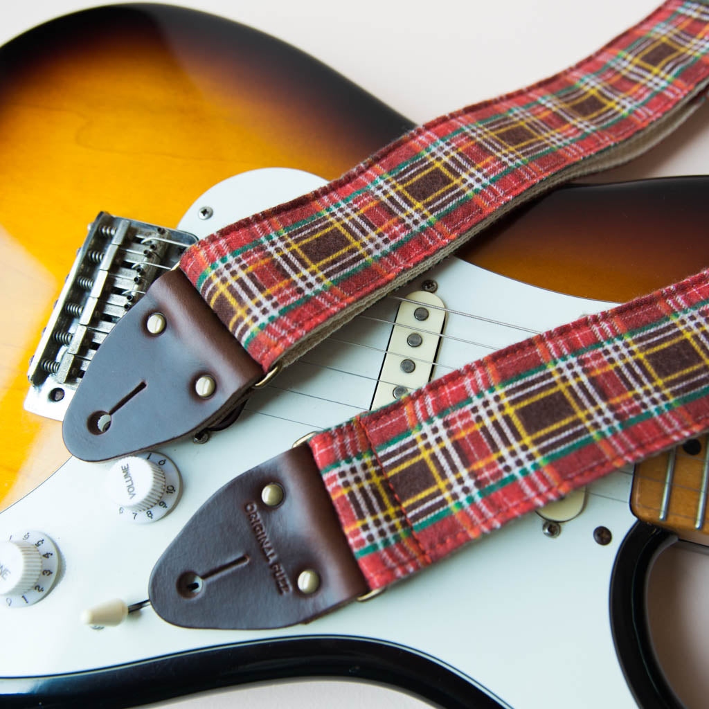 Vintage guitar strap made with repurposed red plaid flannel by Original Fuzz. 