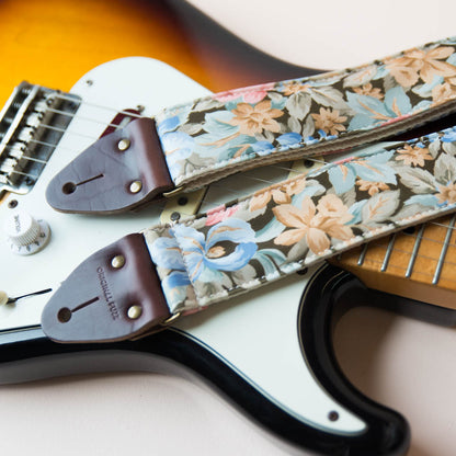 Vintage guitar strap made with a repurposed floral polyester from the 80s by Original Fuzz. 