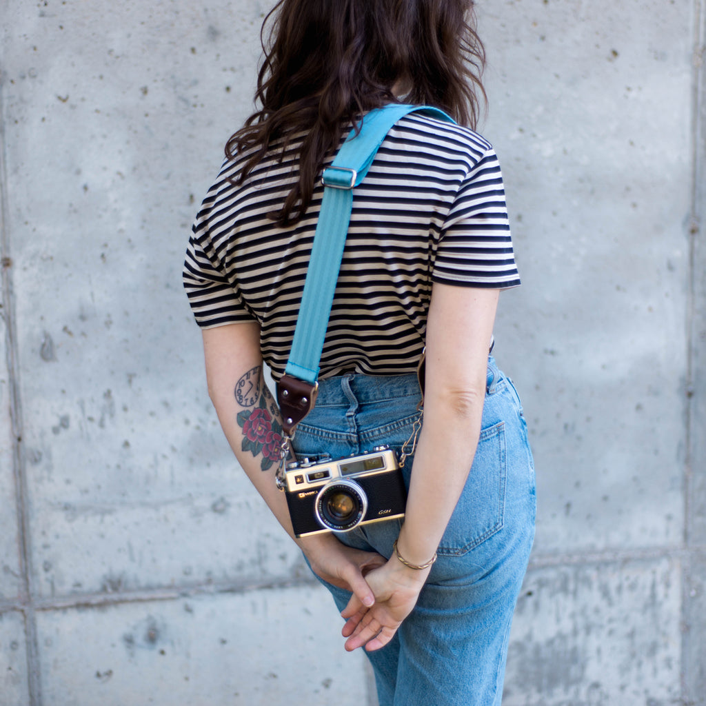 sky blue seatbelt vintage style camera strap by original fuzz