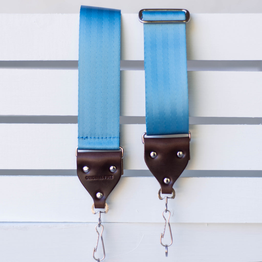 sky blue seatbelt vintage style camera strap by original fuzz 