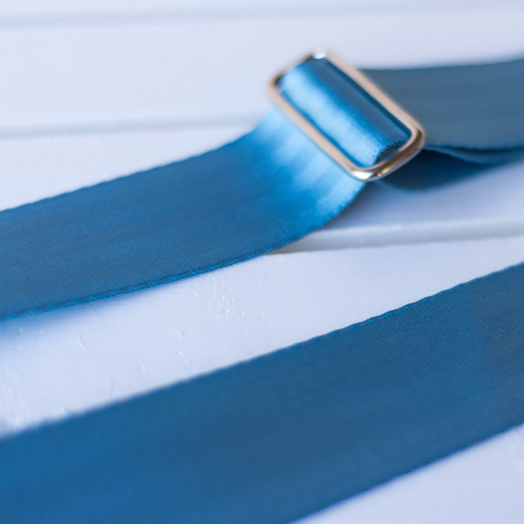 sky blue seatbelt vintage style camera strap by original fuzz 