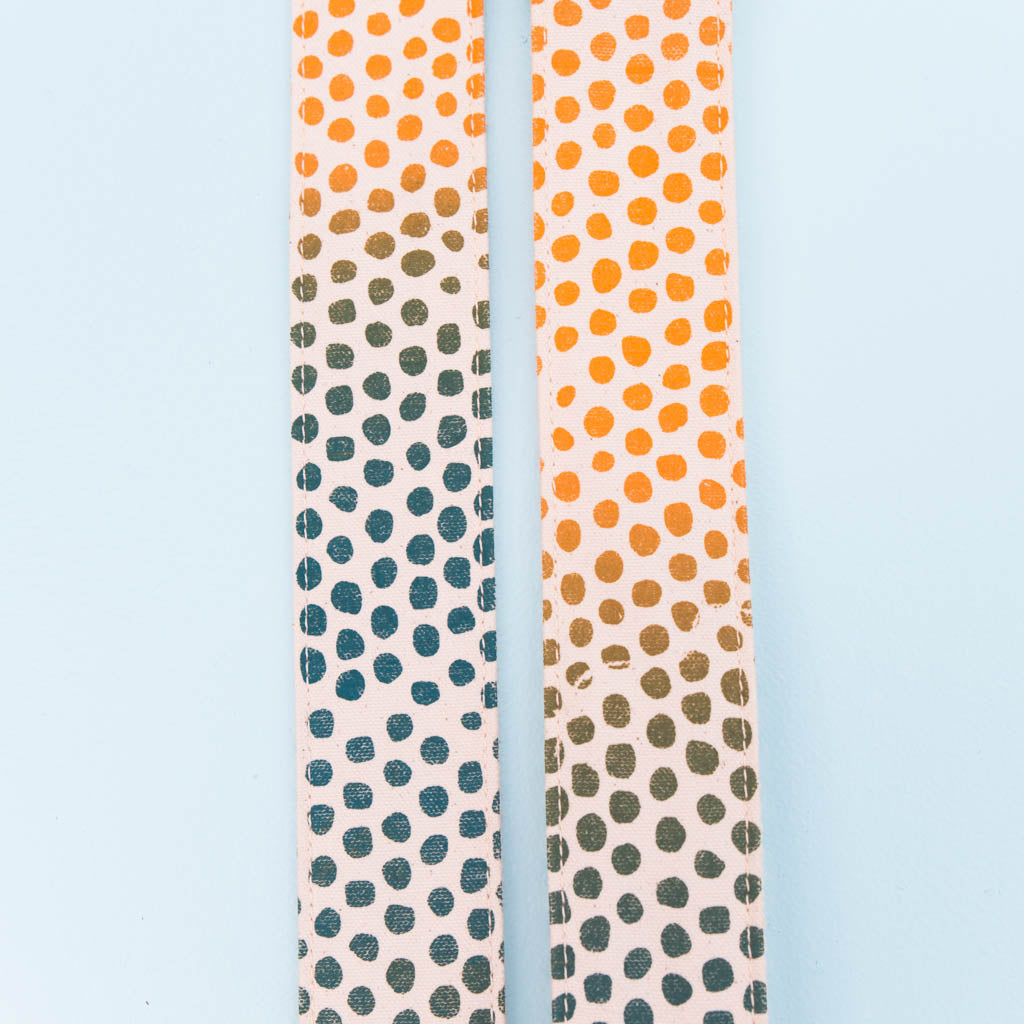 blue orange green purple polka dots silkscreen guitar strap by Original Fuzz and Grand Palace
