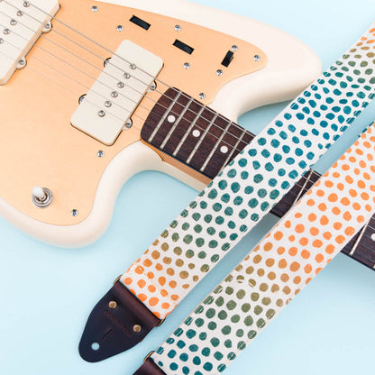 blue orange green purple polka dots silkscreen guitar strap by Original Fuzz and Grand Palace
