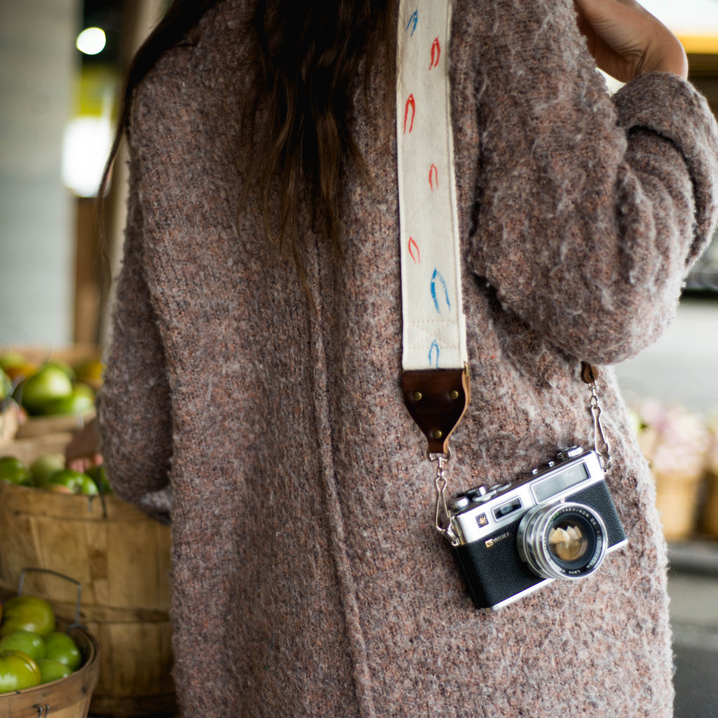 red white blue minimalist silkscreen vintage style camera strap in artist series Matt Kivel by original fuzz 