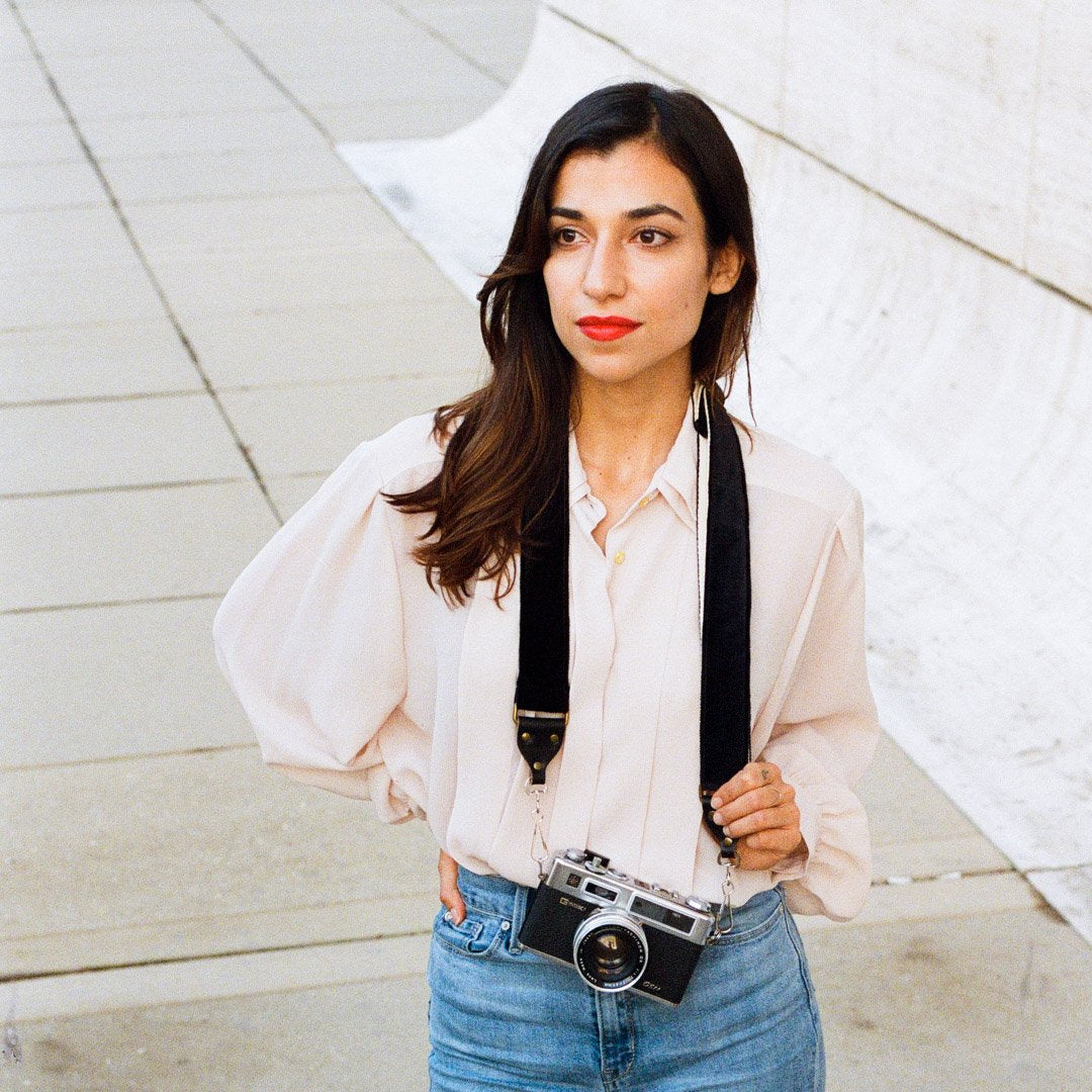 Black velvet camera strap handmade in Nashville by Original Fuzz.