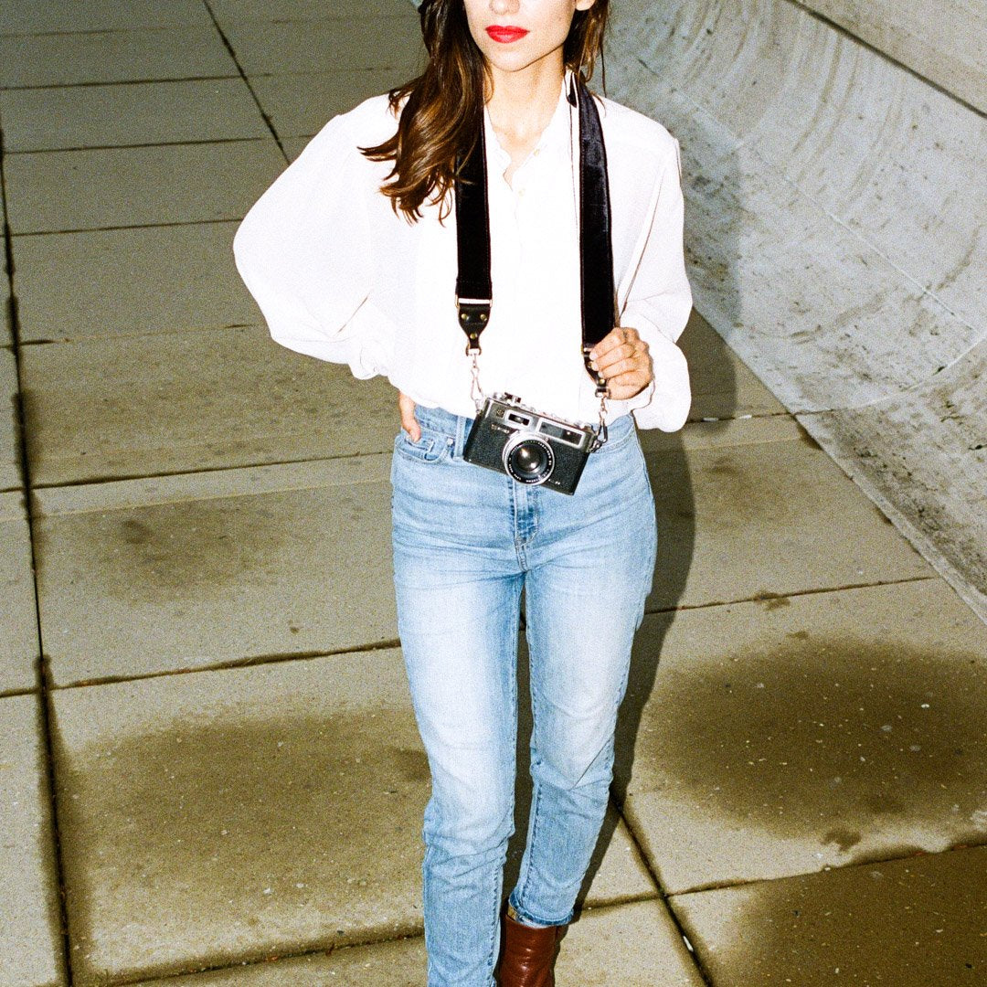 Black velvet camera strap handmade in Nashville by Original Fuzz.