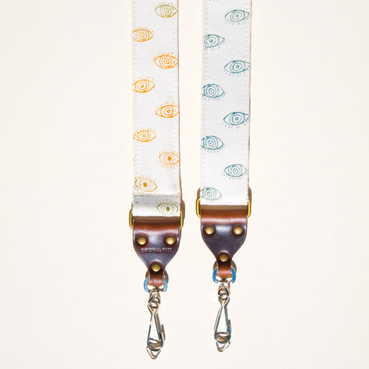 Eyeball silkscreened vintage-style skinny camera strap made by Original Fuzz in Nashville. 