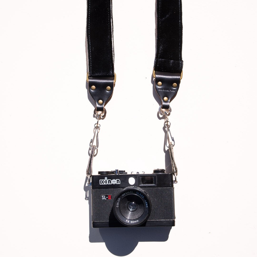 Black velvet camera strap handmade in Nashville by Original Fuzz.