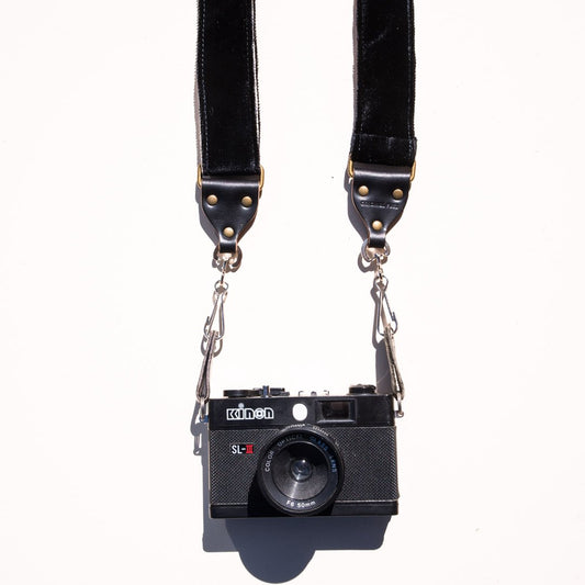 Black velvet camera strap handmade in Nashville by Original Fuzz.