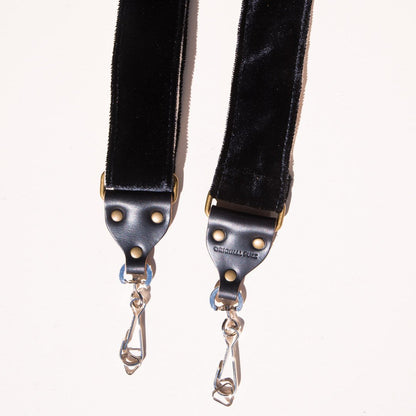 Black velvet camera strap handmade in Nashville by Original Fuzz.