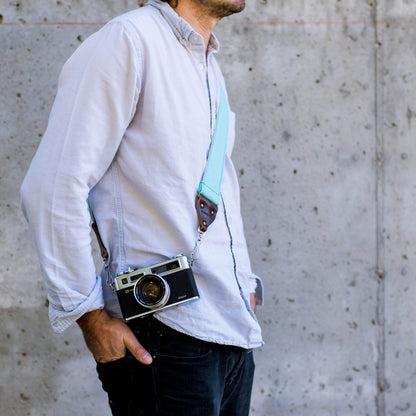 Vintage surf green polyester camera strap made by Original Fuzz in Nashville, TN. 