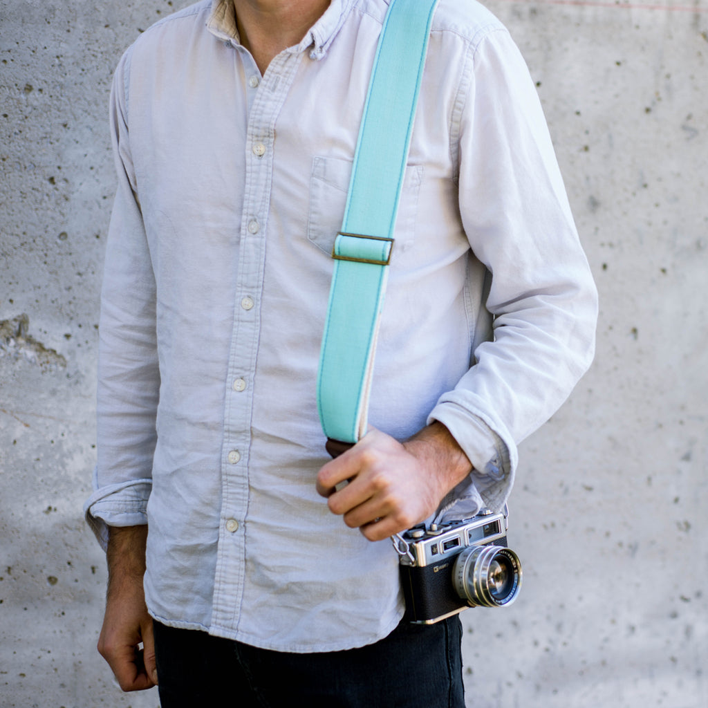 Vintage surf green polyester camera strap made by Original Fuzz in Nashville, TN. 