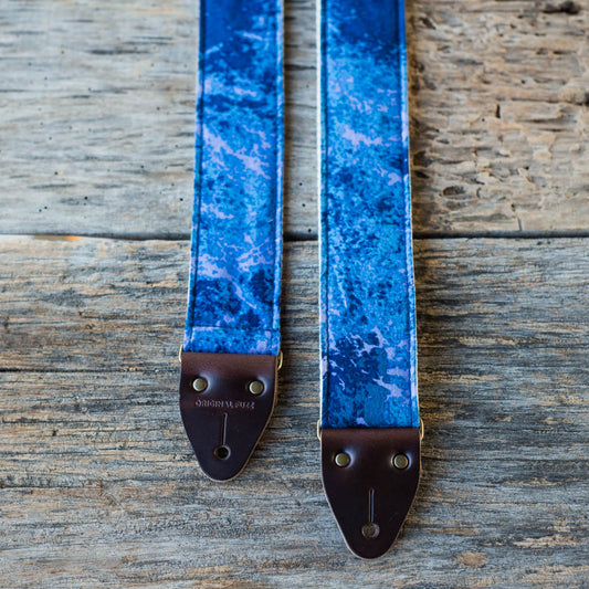 Vintage blue tie-dye guitar strap made by Original Fuzz in Nashville, TN. 