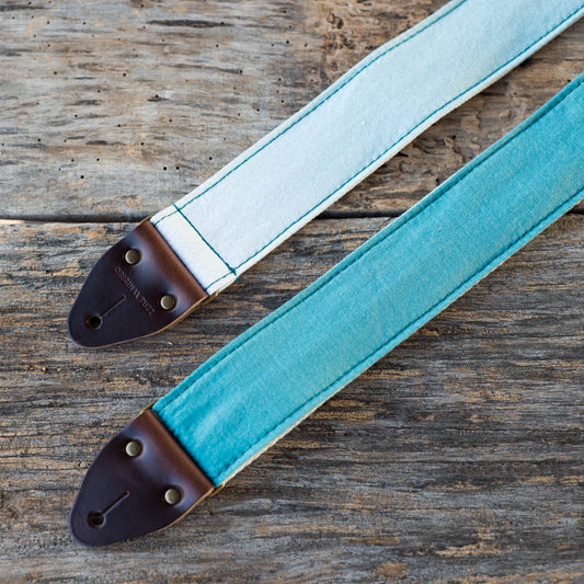 Vintage guitar strap made with teal ombre cotton by Original Fuzz in Nashville, TN. 